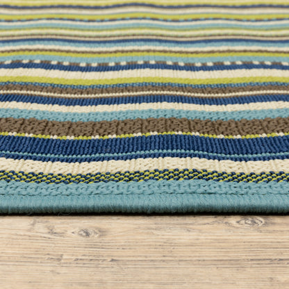 8' X 11' Blue and Green Striped Stain Resistant Indoor Outdoor Area Rug