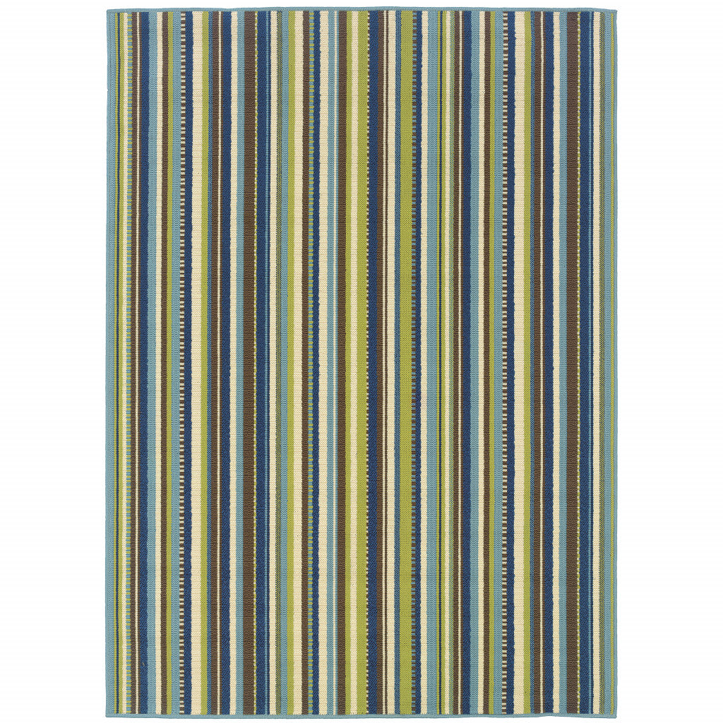 9' X 13' Blue and Green Striped Stain Resistant Indoor Outdoor Area Rug