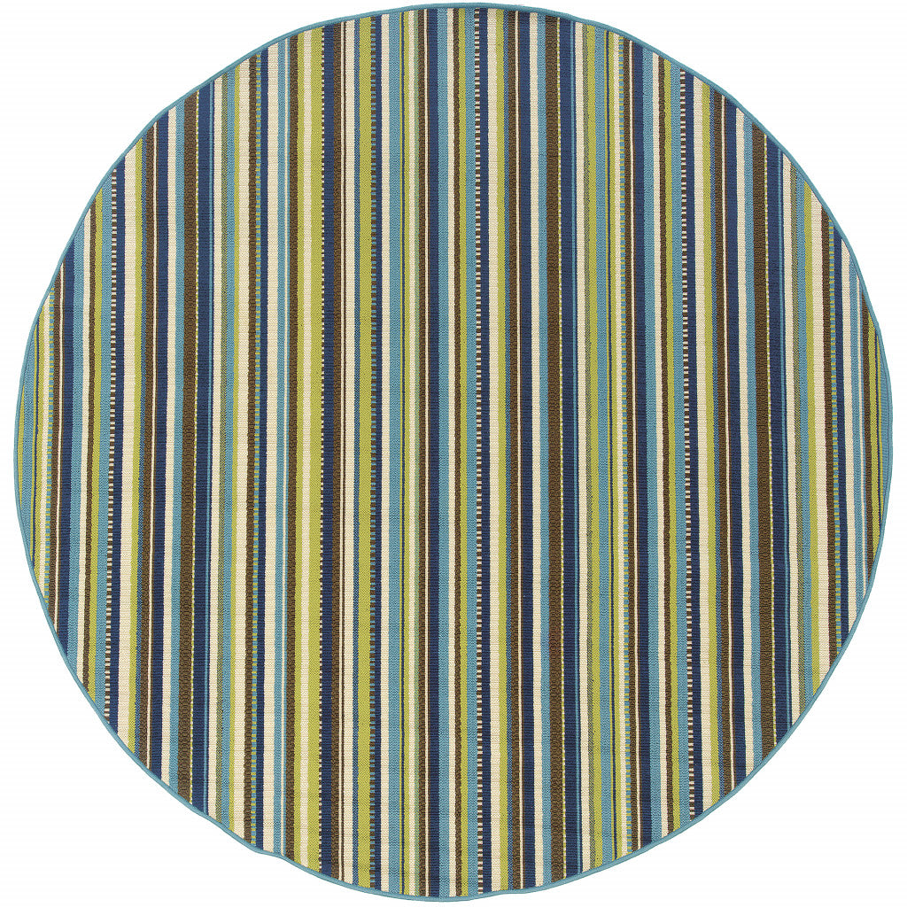 8' X 8' Blue and Green Round Striped Stain Resistant Indoor Outdoor Area Rug