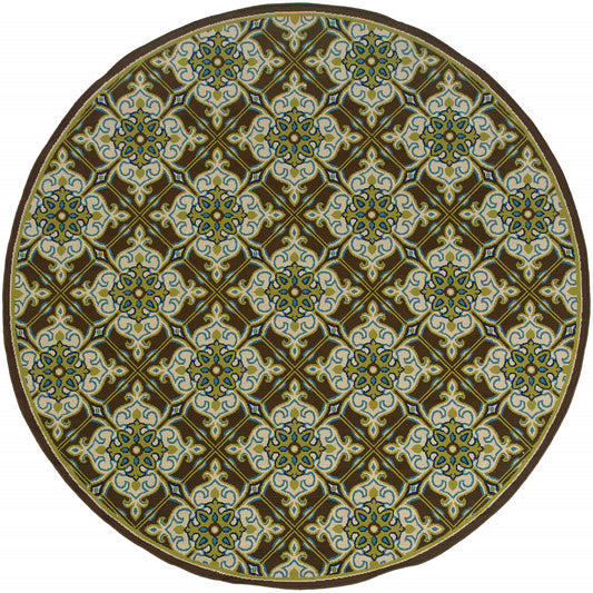 8' X 8' Brown and Ivory Round Floral Stain Resistant Indoor Outdoor Area Rug