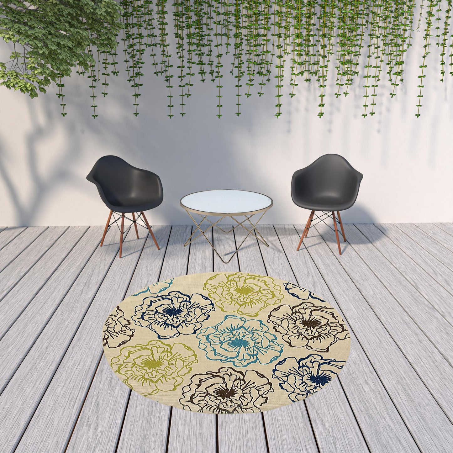 8' X 8' Green and Ivory Round Floral Stain Resistant Indoor Outdoor Area Rug - 0" (L) x 94" (W) x 94" (H)