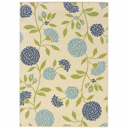 8' X 11' Green and Ivory Floral Stain Resistant Indoor Outdoor Area Rug - 0" (L) x 129" (W) x 94" (H)