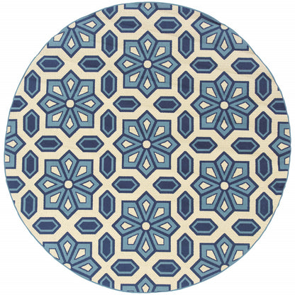 8' X 8' Ivory and Blue Round Geometric Stain Resistant Indoor Outdoor Area Rug