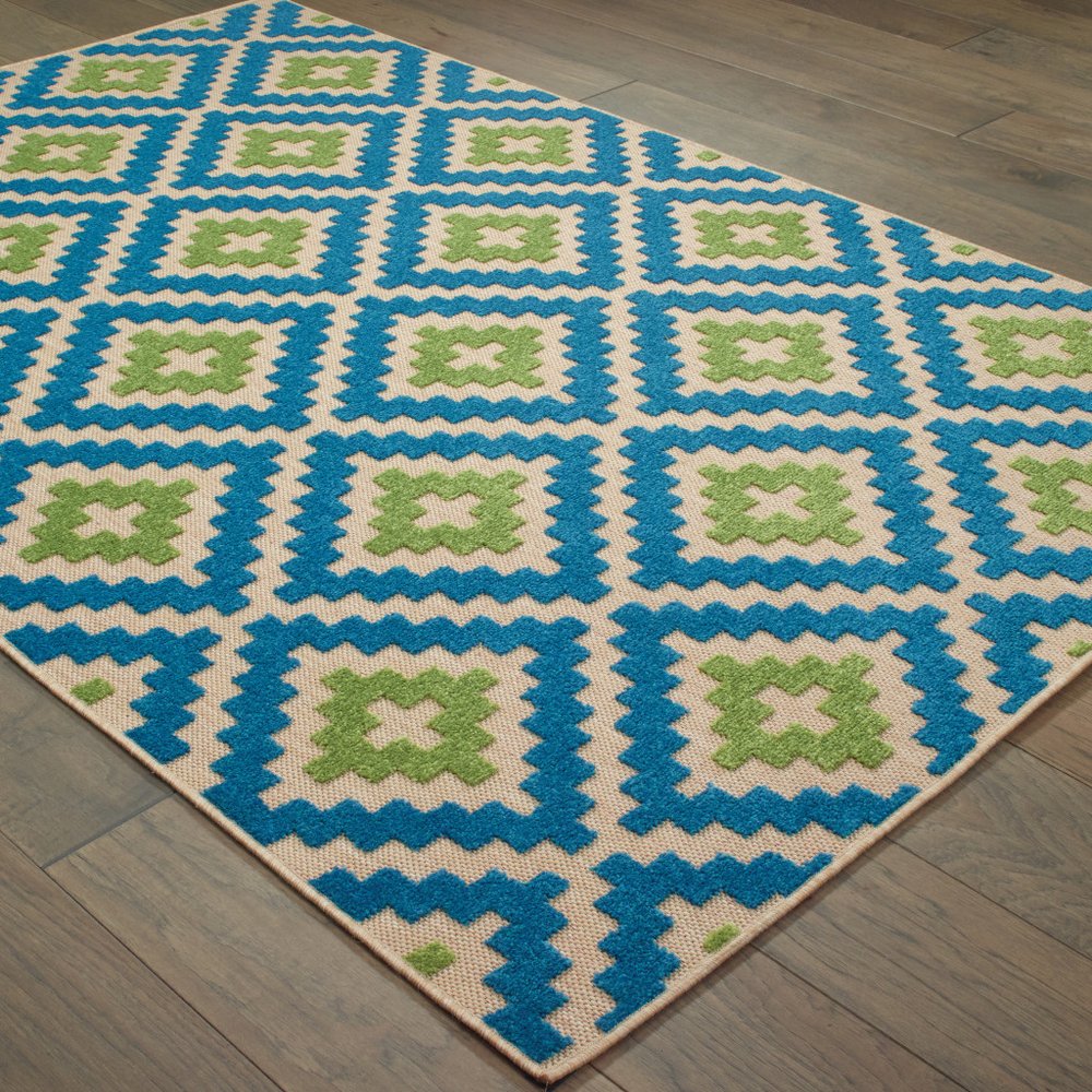 4' X 5' Blue and Beige Geometric Stain Resistant Indoor Outdoor Area Rug — view 3