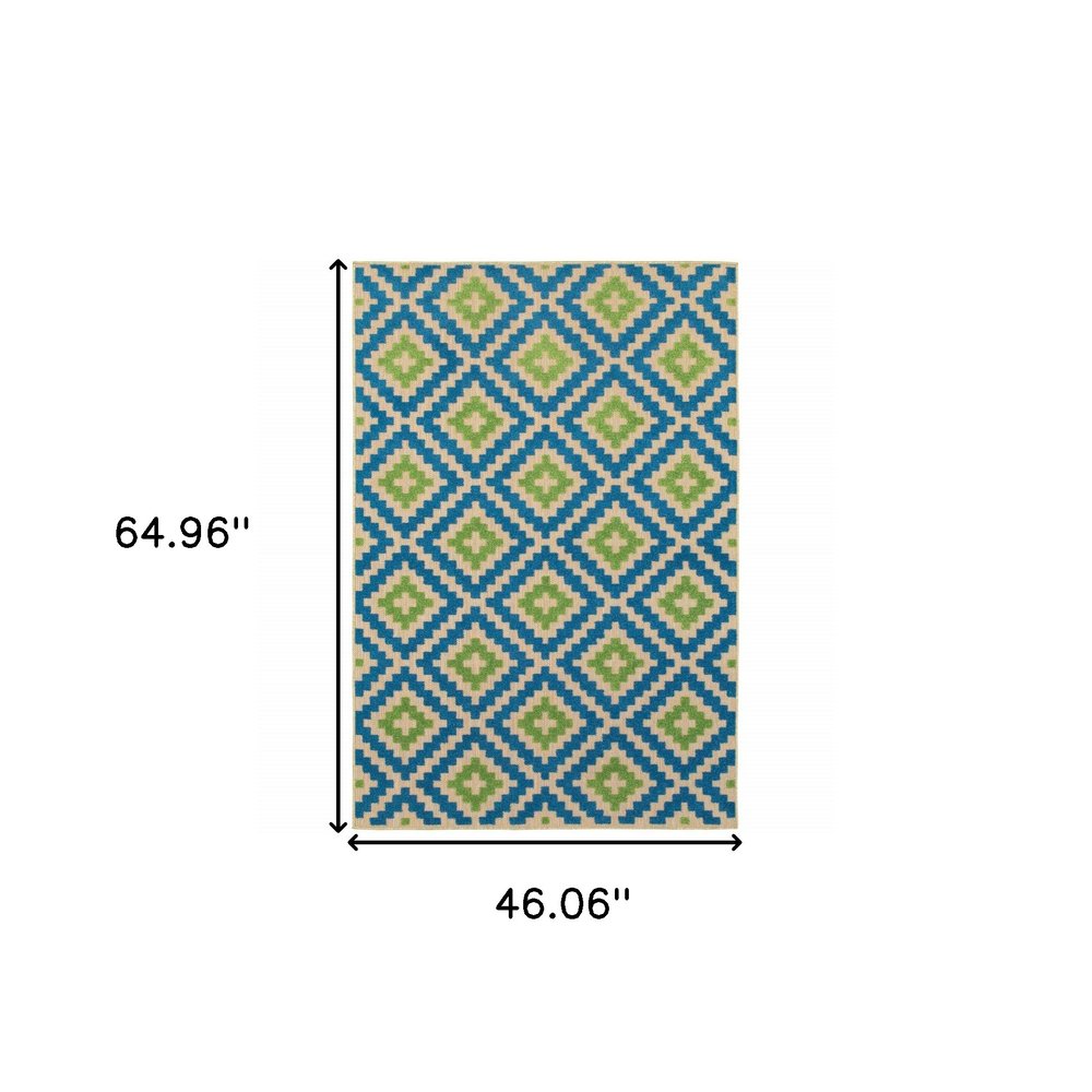4' X 5' Blue and Beige Geometric Stain Resistant Indoor Outdoor Area Rug HomeRoots