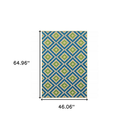 4' X 5' Blue and Beige Geometric Stain Resistant Indoor Outdoor Area Rug HomeRoots