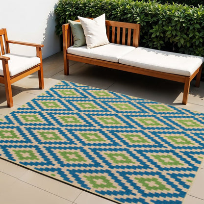 4' X 5' Blue and Beige Geometric Stain Resistant Indoor Outdoor Area Rug HomeRoots