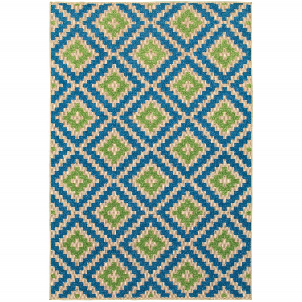 10' X 13' Blue and Beige Geometric Stain Resistant Indoor Outdoor Area Rug — view 1