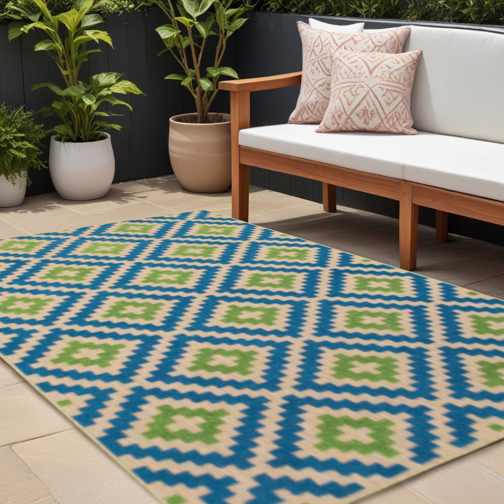 10' X 13' Blue and Beige Geometric Stain Resistant Indoor Outdoor Area Rug — view 5