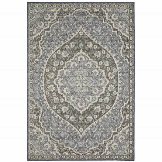 2' X 8' Blue and Green Oriental Stain Resistant Indoor Outdoor Area Rug