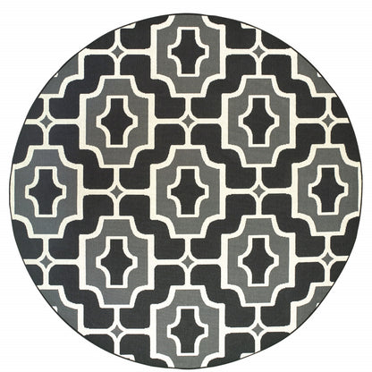 8' X 8' Black and Gray Round Geometric Stain Resistant Indoor Outdoor Area Rug