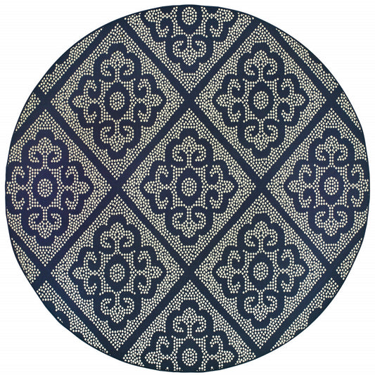 8' X 8' Blue and Ivory Round Geometric Stain Resistant Indoor Outdoor Area Rug - 0" (L) x 94" (W) x 94" (H)