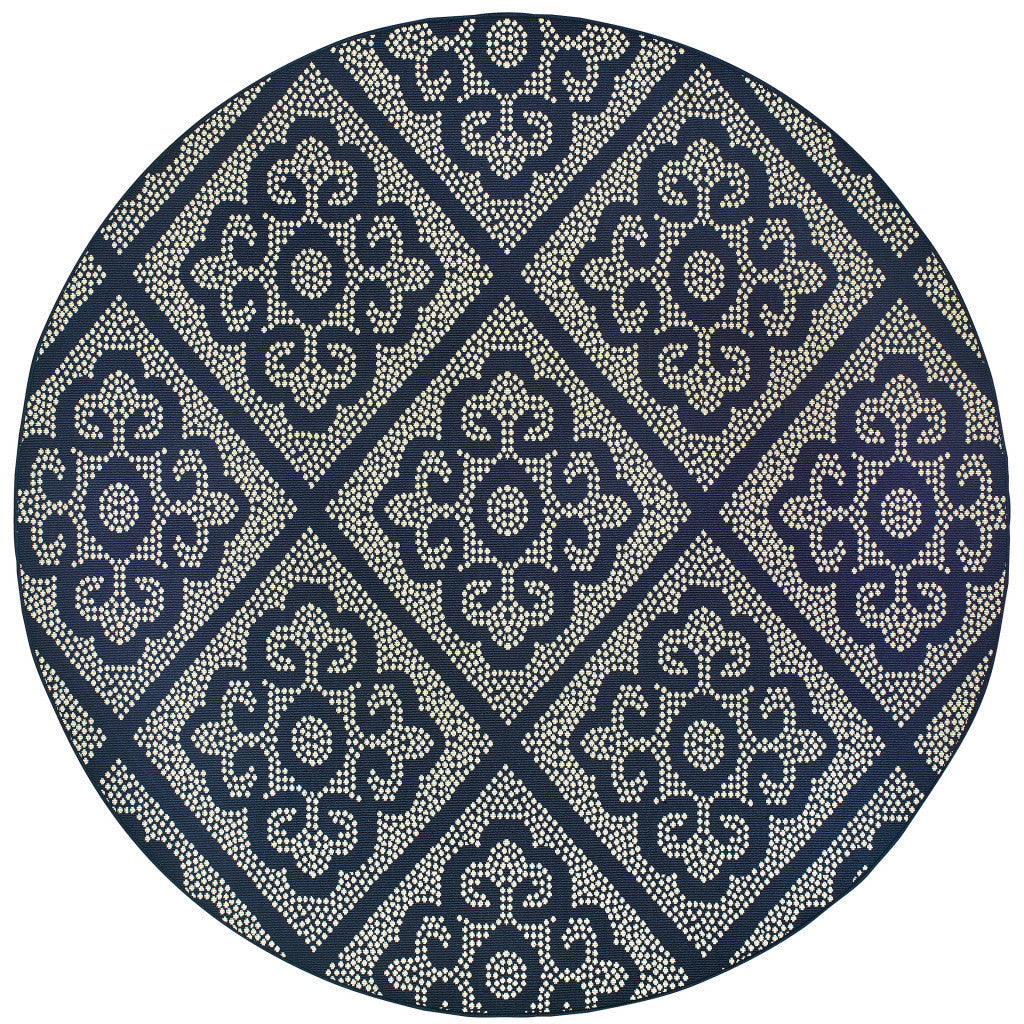 8' X 8' Blue and Ivory Round Geometric Stain Resistant Indoor Outdoor Area Rug - 0" (L) x 94" (W) x 94" (H)