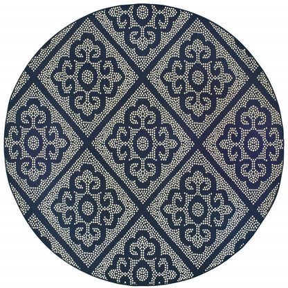 8' X 8' Blue and Ivory Round Geometric Stain Resistant Indoor Outdoor Area Rug - 0" (L) x 94" (W) x 94" (H)