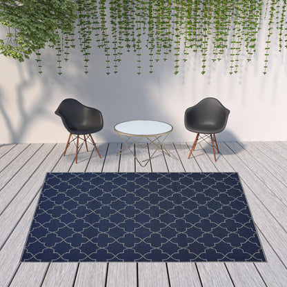 8' X 11' Blue and Ivory Geometric Stain Resistant Indoor Outdoor Area Rug - 0" (L) x 129" (W) x 94" (H)