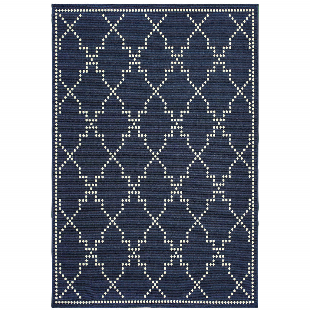 9' X 13' Blue and Ivory Geometric Stain Resistant Indoor Outdoor Area Rug - 0" (L) x 155" (W) x 101" (H)