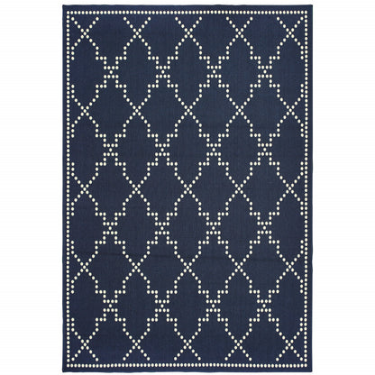 9' X 13' Blue and Ivory Geometric Stain Resistant Indoor Outdoor Area Rug - 0" (L) x 155" (W) x 101" (H)