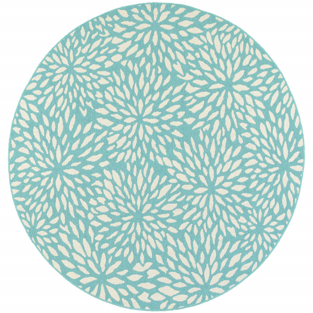 8' X 8' Blue and Ivory Round Floral Stain Resistant Indoor Outdoor Area Rug