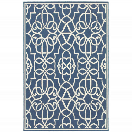 9' X 13' Blue and Ivory Geometric Stain Resistant Indoor Outdoor Area Rug