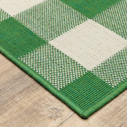 8' X 11' Green and Ivory Geometric Stain Resistant Indoor Outdoor Area Rug