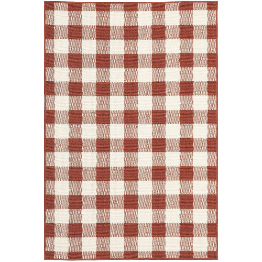 8' X 11' Red and Ivory Geometric Stain Resistant Indoor Outdoor Area Rug - 0" (L) x 129" (W) x 94" (H)