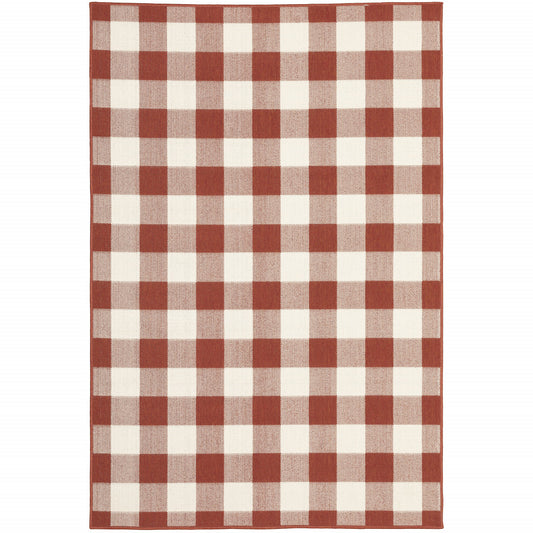 8' X 11' Red and Ivory Geometric Stain Resistant Indoor Outdoor Area Rug - 0" (L) x 129" (W) x 94" (H)