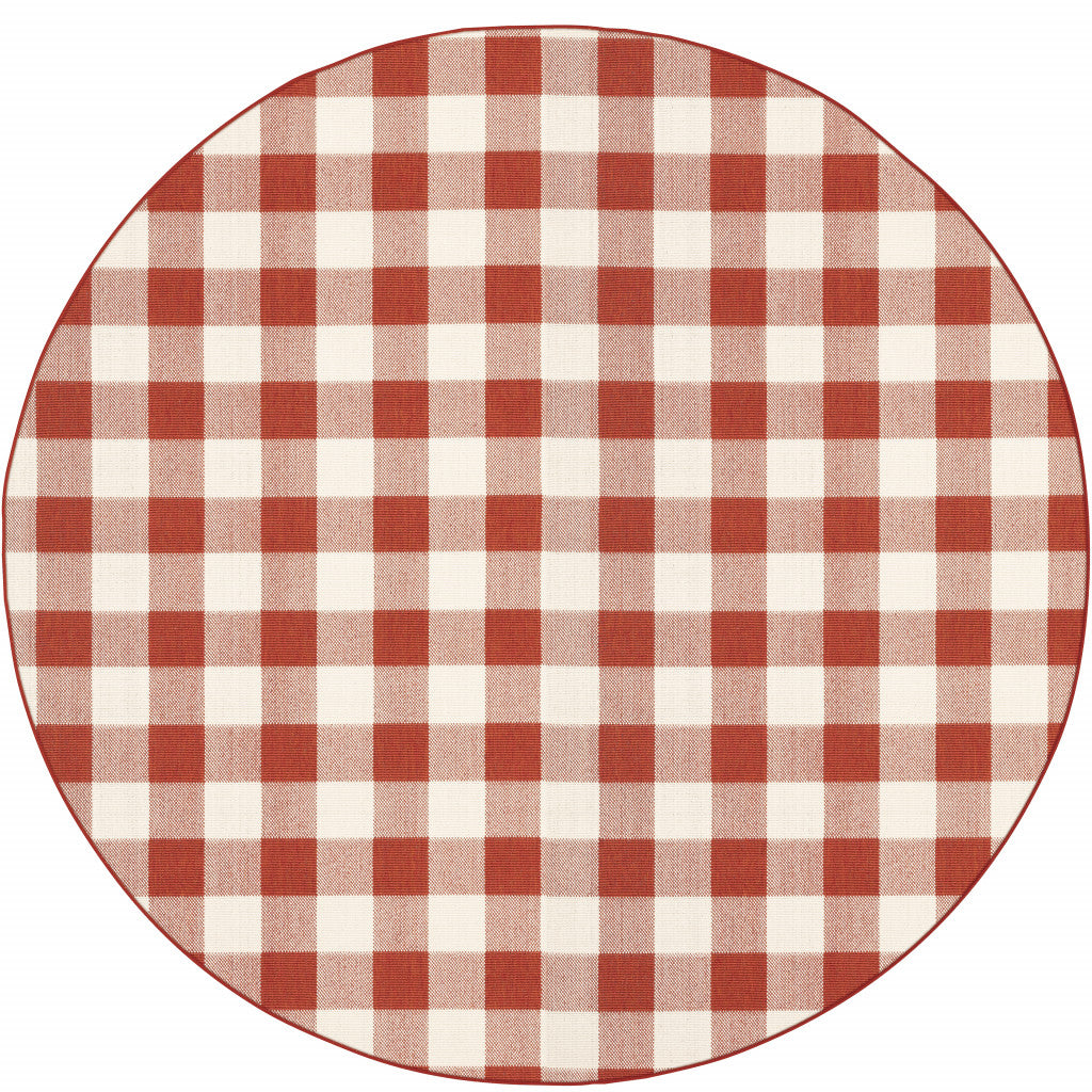 8' X 8' Red and Ivory Round Geometric Stain Resistant Indoor Outdoor Area Rug - 0" (L) x 94" (W) x 94" (H)