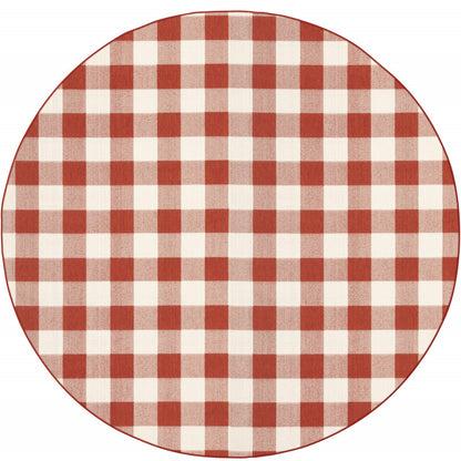 8' X 8' Red and Ivory Round Geometric Stain Resistant Indoor Outdoor Area Rug - 0" (L) x 94" (W) x 94" (H)