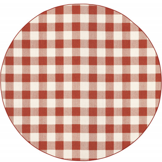 8' X 8' Red and Ivory Round Geometric Stain Resistant Indoor Outdoor Area Rug - 0" (L) x 94" (W) x 94" (H)