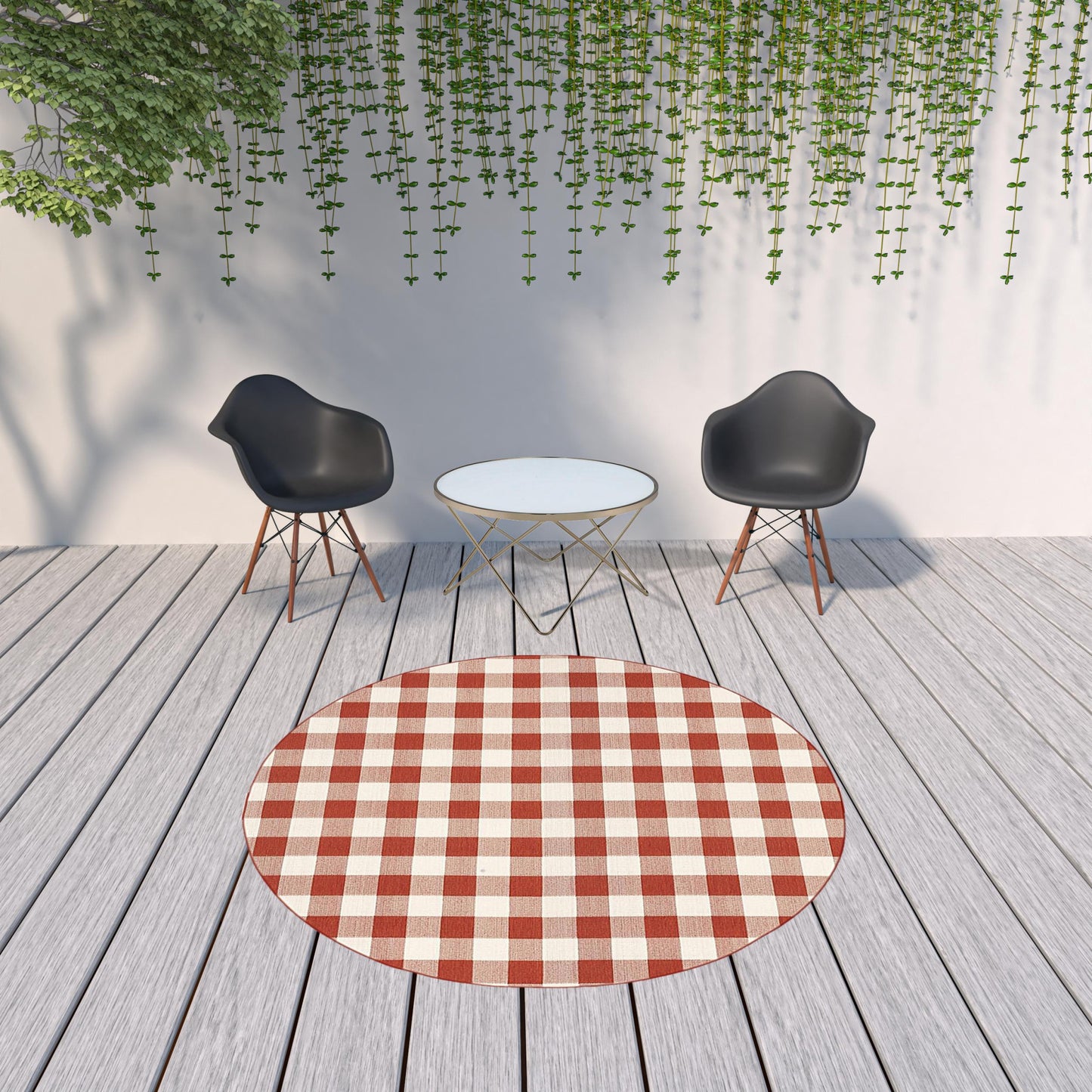 8' X 8' Red and Ivory Round Geometric Stain Resistant Indoor Outdoor Area Rug - 0" (L) x 94" (W) x 94" (H)