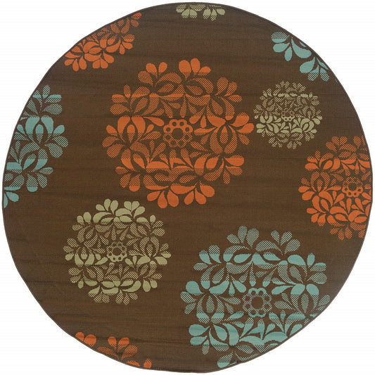 8' X 8' Brown Round Floral Stain Resistant Indoor Outdoor Area Rug