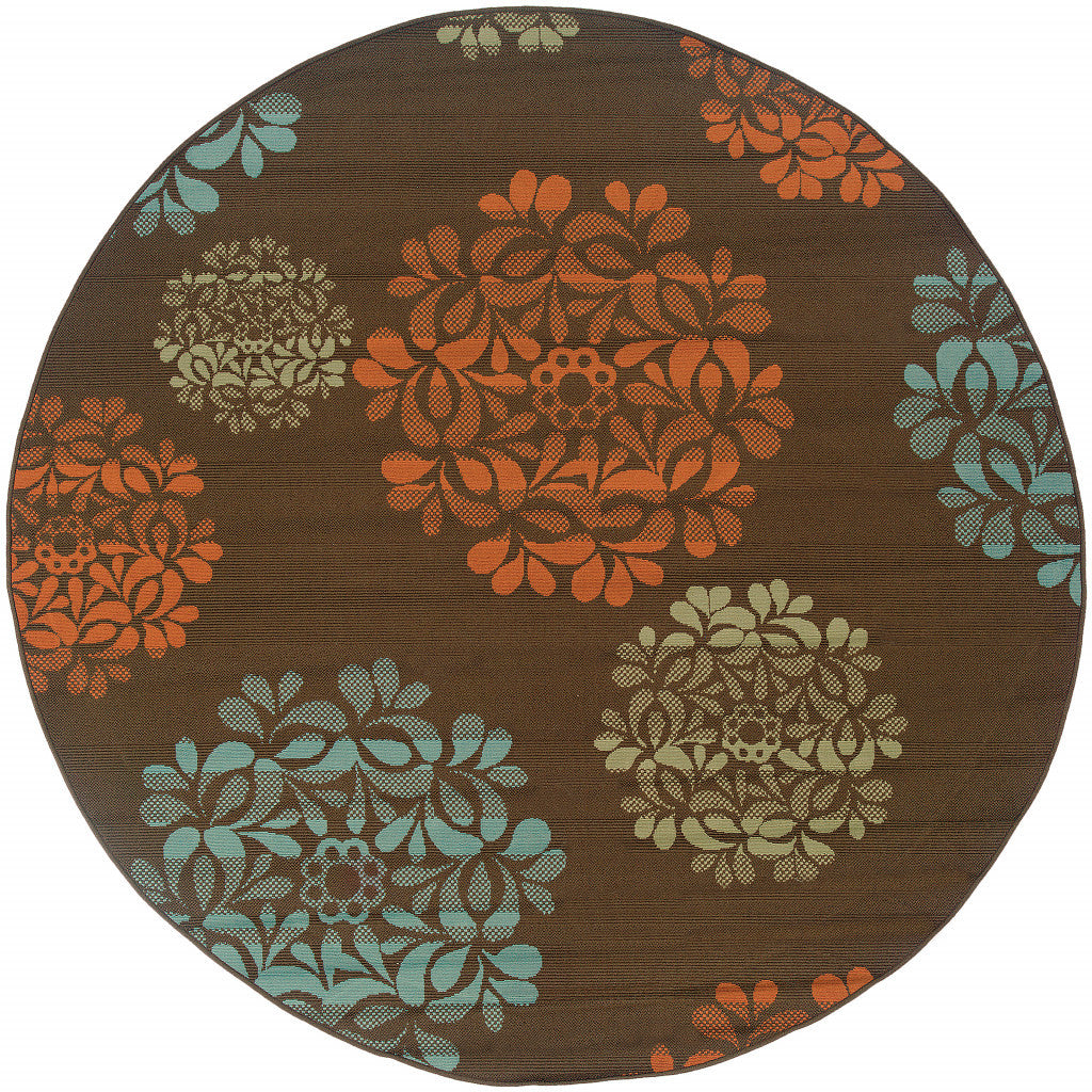 8' X 8' Brown Round Floral Stain Resistant Indoor Outdoor Area Rug