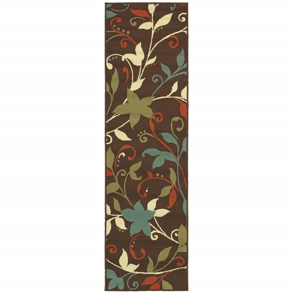 8' Runner Brown Floral Stain Resistant Indoor Outdoor Runner Rug — view 1