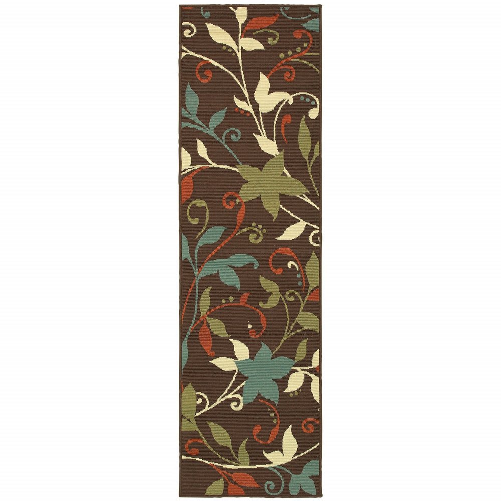 8' Runner Brown Floral Stain Resistant Indoor Outdoor Runner Rug HomeRoots