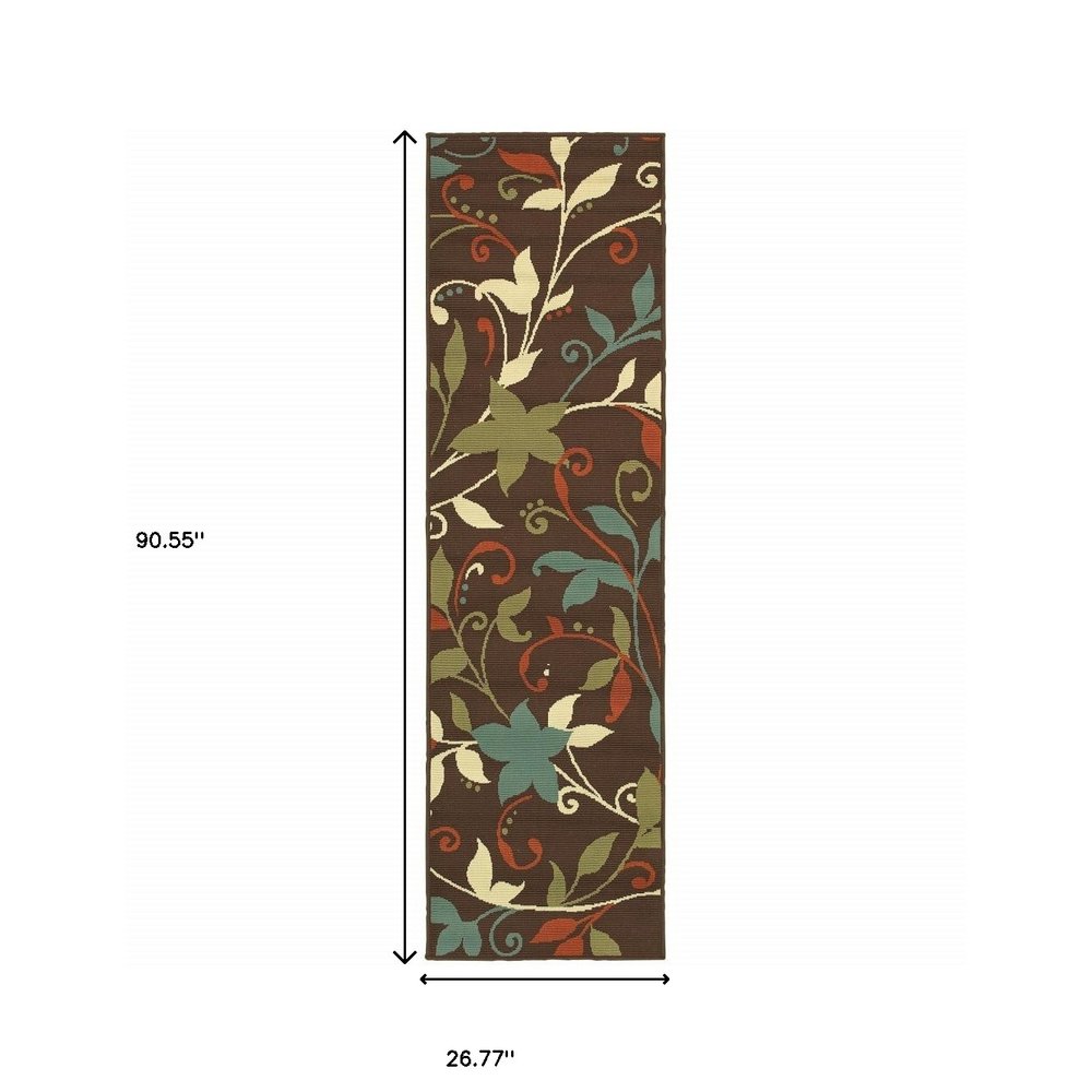 8' Runner Brown Floral Stain Resistant Indoor Outdoor Runner Rug HomeRoots