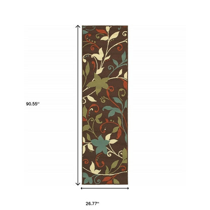 8' Runner Brown Floral Stain Resistant Indoor Outdoor Runner Rug HomeRoots