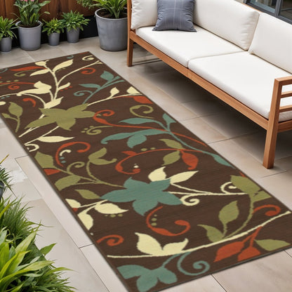 8' Runner Brown Floral Stain Resistant Indoor Outdoor Runner Rug HomeRoots