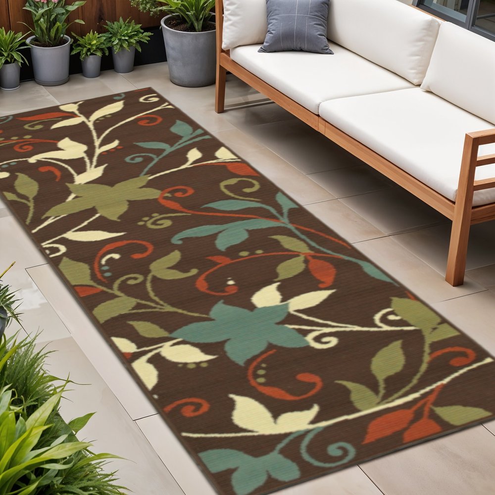 8' Runner Brown Floral Stain Resistant Indoor Outdoor Runner Rug — view 4