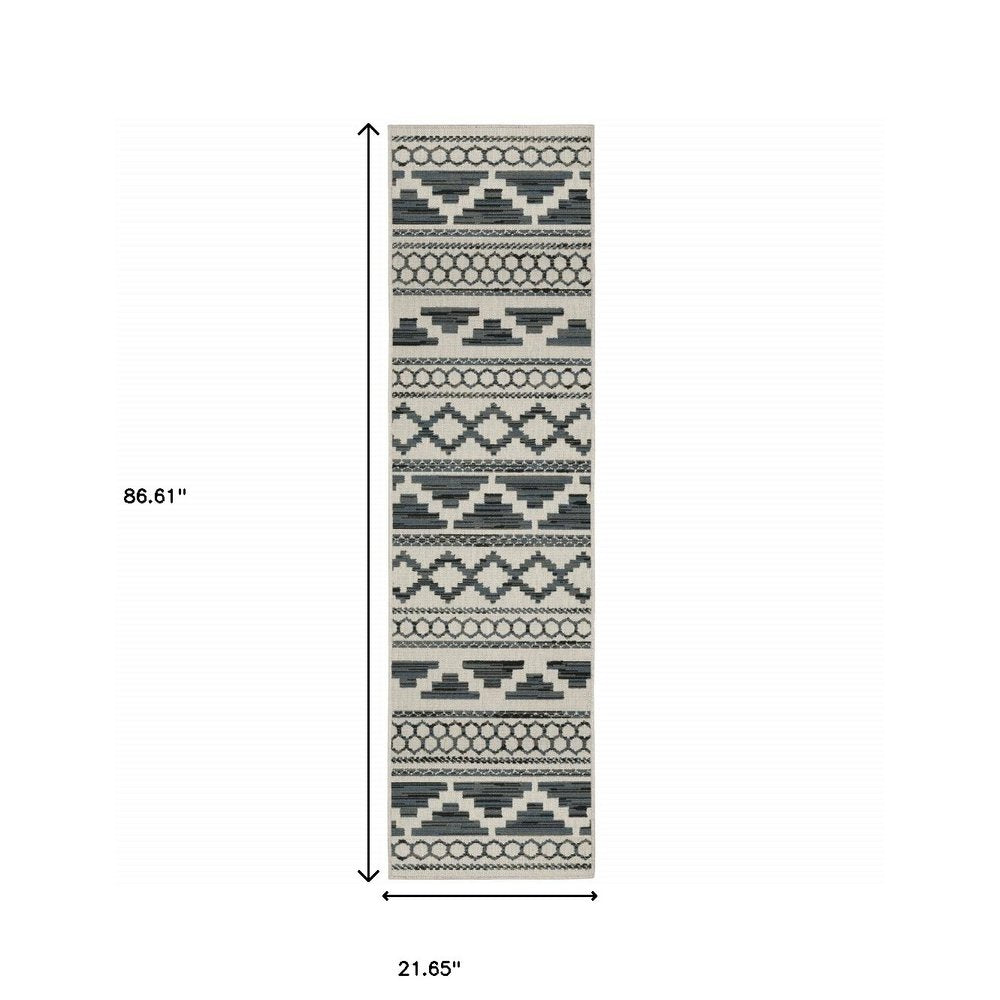 2' X 7' Blue and Beige Geometric Stain Resistant Indoor Outdoor Area Rug HomeRoots
