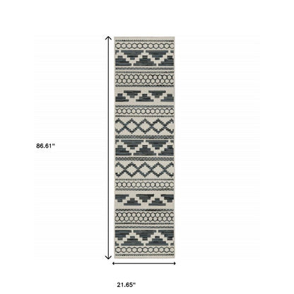 2' X 7' Blue and Beige Geometric Stain Resistant Indoor Outdoor Area Rug