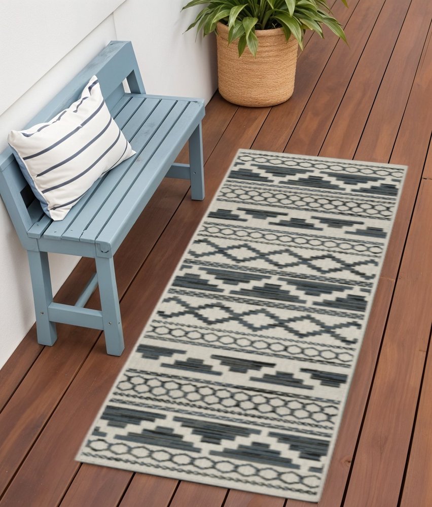 2' X 7' Blue and Beige Geometric Stain Resistant Indoor Outdoor Area Rug — view 9