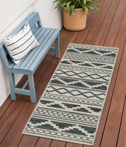 2' X 7' Blue and Beige Geometric Stain Resistant Indoor Outdoor Area Rug HomeRoots