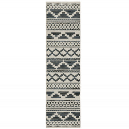 2' X 7' Blue and Beige Geometric Stain Resistant Indoor Outdoor Area Rug