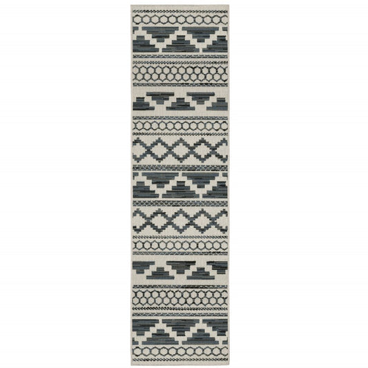 2' X 7' Blue and Beige Geometric Stain Resistant Indoor Outdoor Area Rug