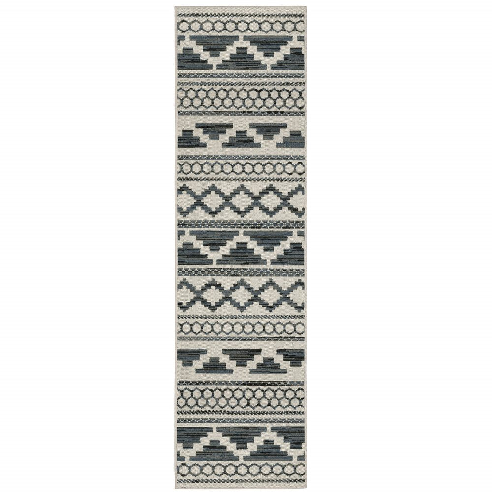 2' X 7' Blue and Beige Geometric Stain Resistant Indoor Outdoor Area Rug — view 1