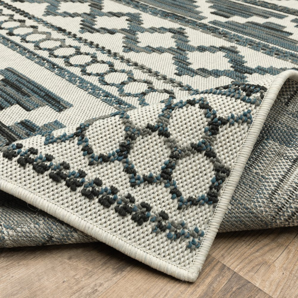 2' X 7' Blue and Beige Geometric Stain Resistant Indoor Outdoor Area Rug HomeRoots