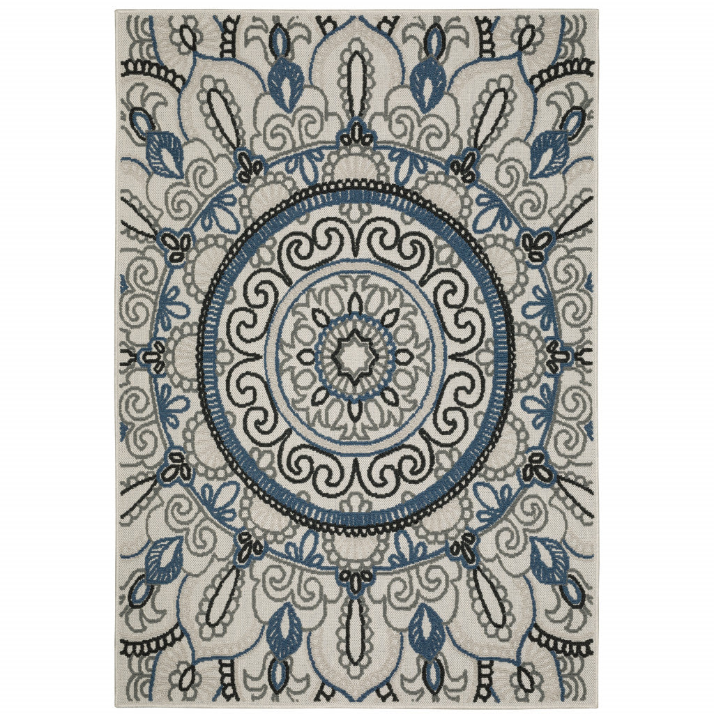 8' X 10' Blue and Beige Geometric Stain Resistant Indoor Outdoor Area Rug - 0" (L) x 120" (W) x 94" (H)