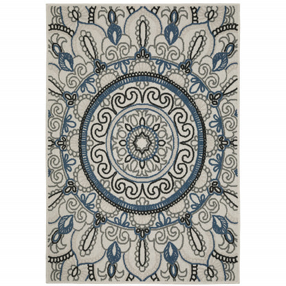 8' X 10' Blue and Beige Geometric Stain Resistant Indoor Outdoor Area Rug - 0" (L) x 120" (W) x 94" (H)