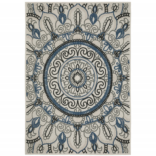 8' X 10' Blue and Beige Geometric Stain Resistant Indoor Outdoor Area Rug - 0" (L) x 120" (W) x 94" (H)