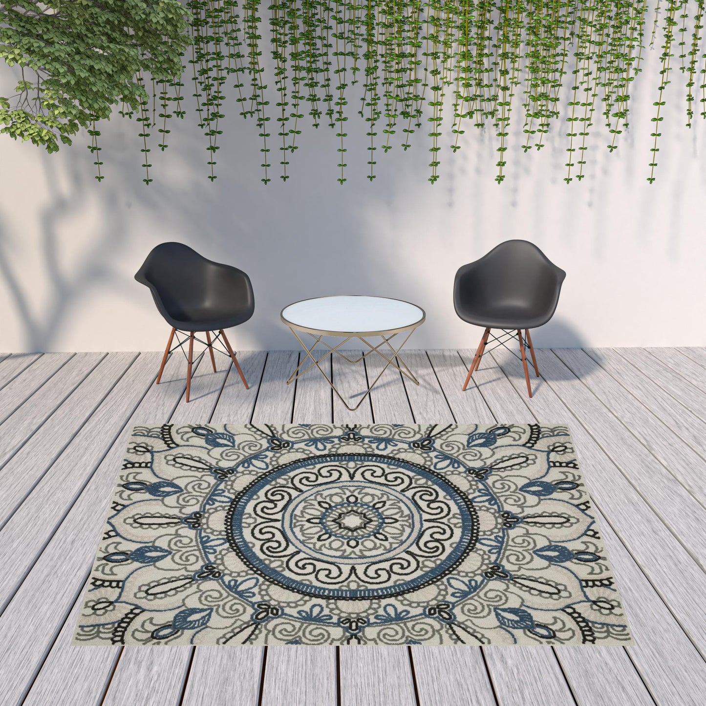 8' X 10' Blue and Beige Geometric Stain Resistant Indoor Outdoor Area Rug - 0" (L) x 120" (W) x 94" (H)